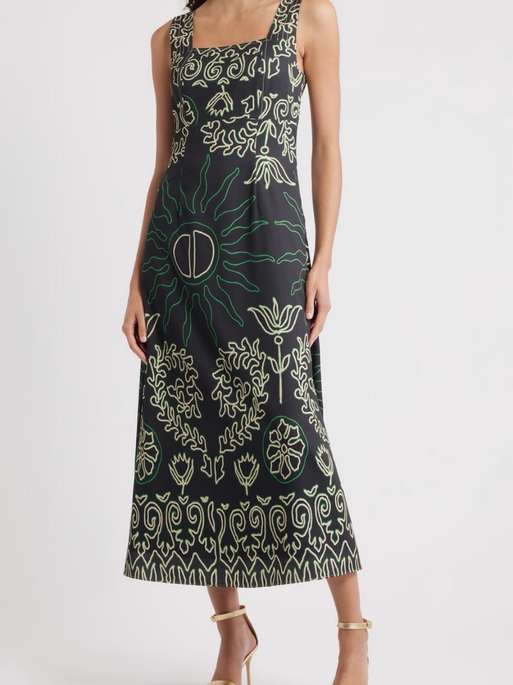 Black Maxi Dress with Green & Cream Embroidered Motifs